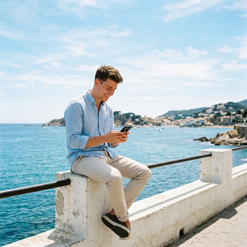 Man scheduling payments near the sea using Taskeya