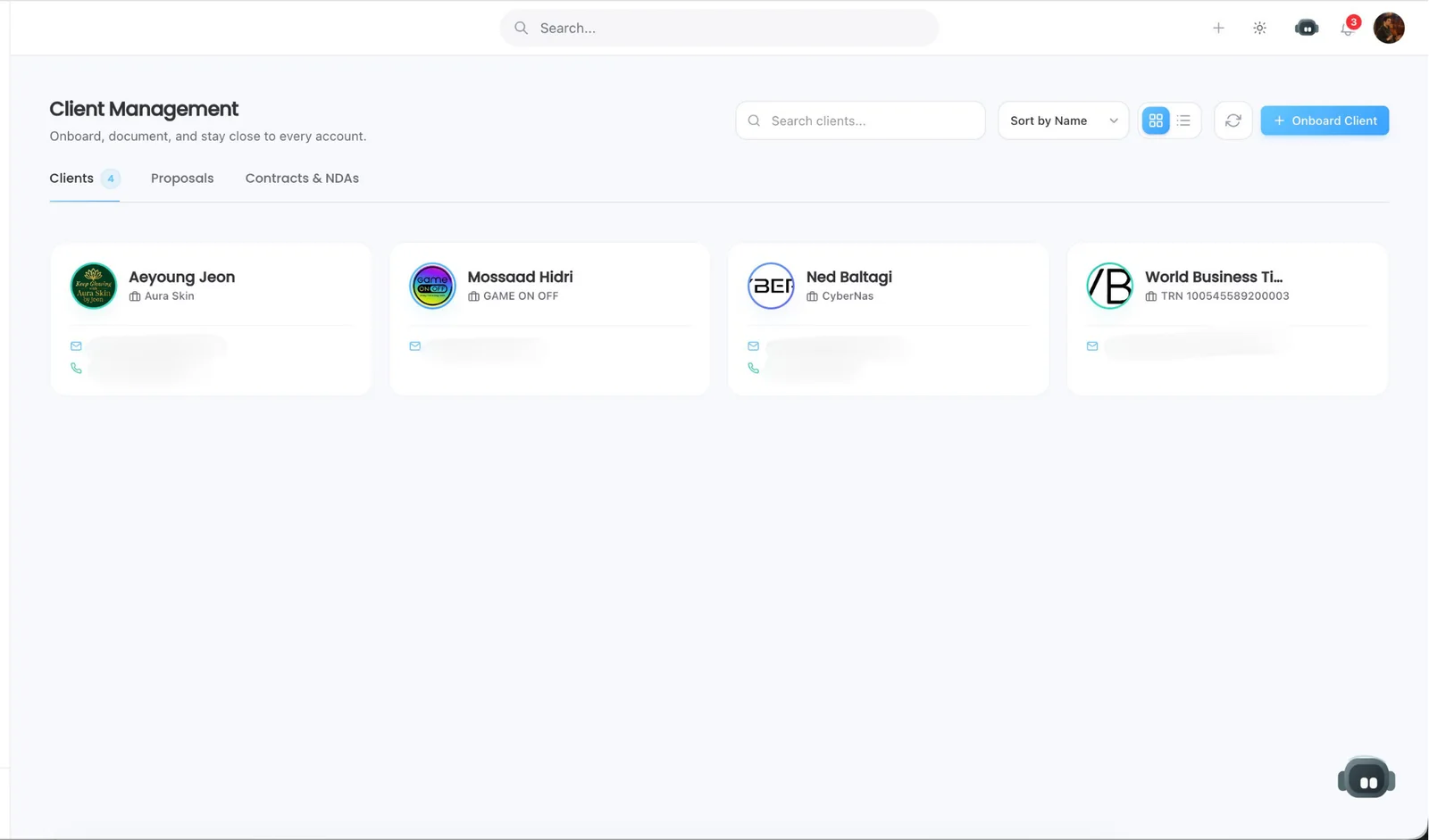 Taskeya Asana alternative showing client CRM records for project management and invoicing workflows