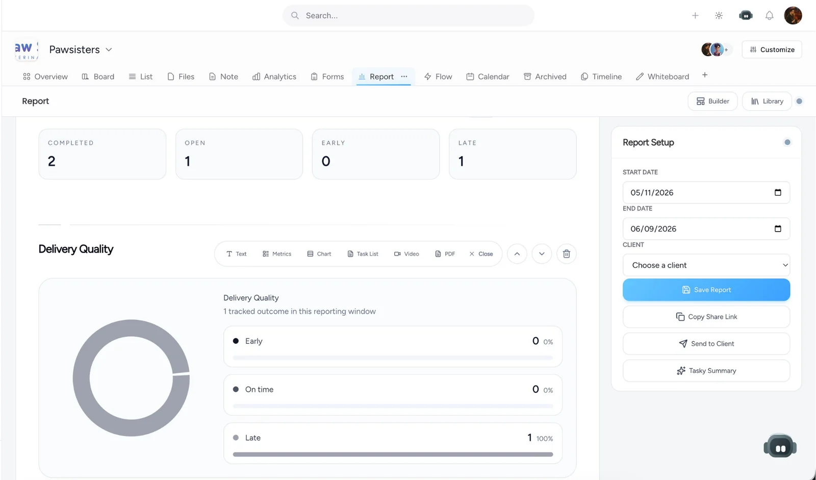 Taskeya client reporting dashboard for project transparency and client trust without extra meetings