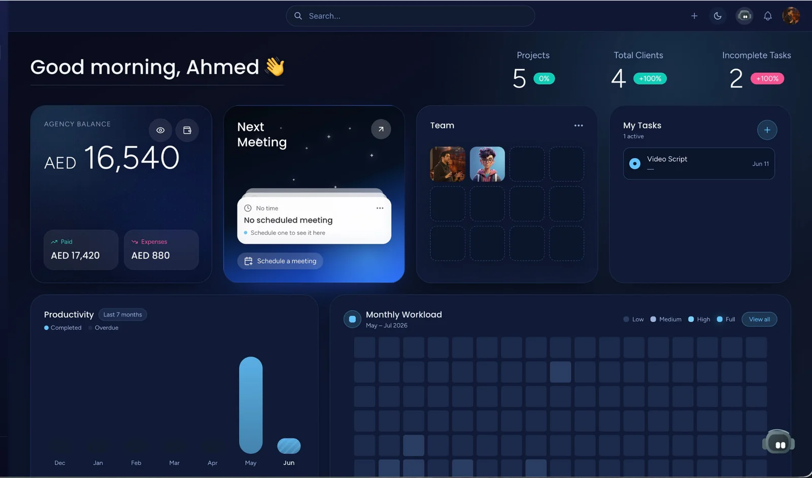 Taskeya Monday.com alternative dashboard for agencies with flat workspace operations and team visibility