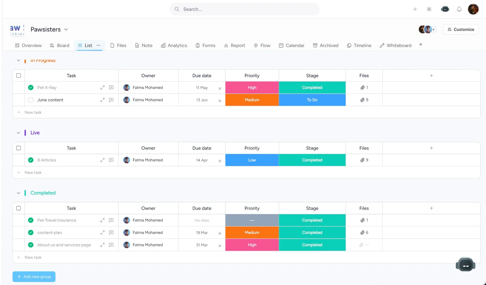 Taskeya grouped list view for HR payroll and work management in one small team workspace