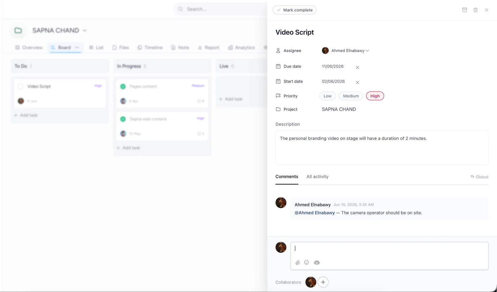 Taskeya chat and task management screen with task details, subtasks, comments, and activity updates