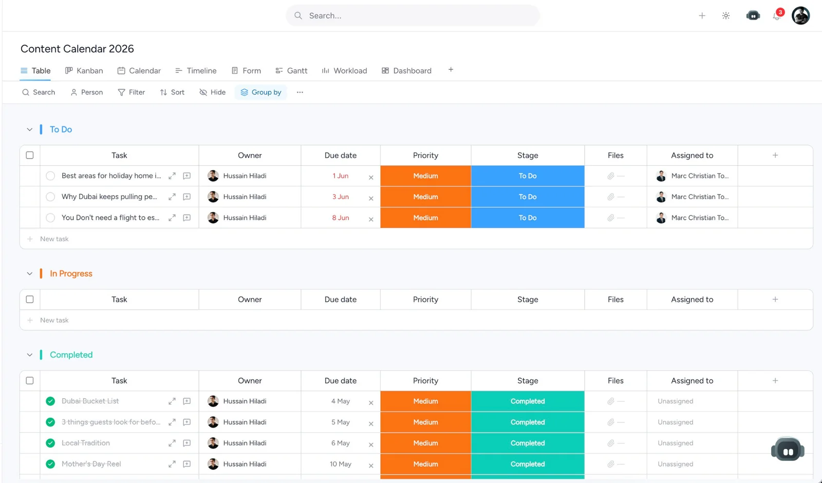 Taskeya remote team collaboration list view showing owners, due dates, priorities, stages, and files