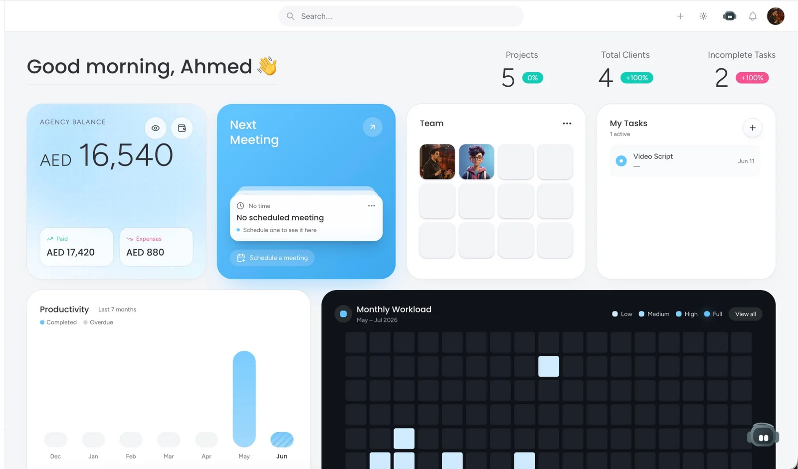 Taskeya all-in-one agency management software dashboard with projects, team tasks, meetings, and workspace metrics