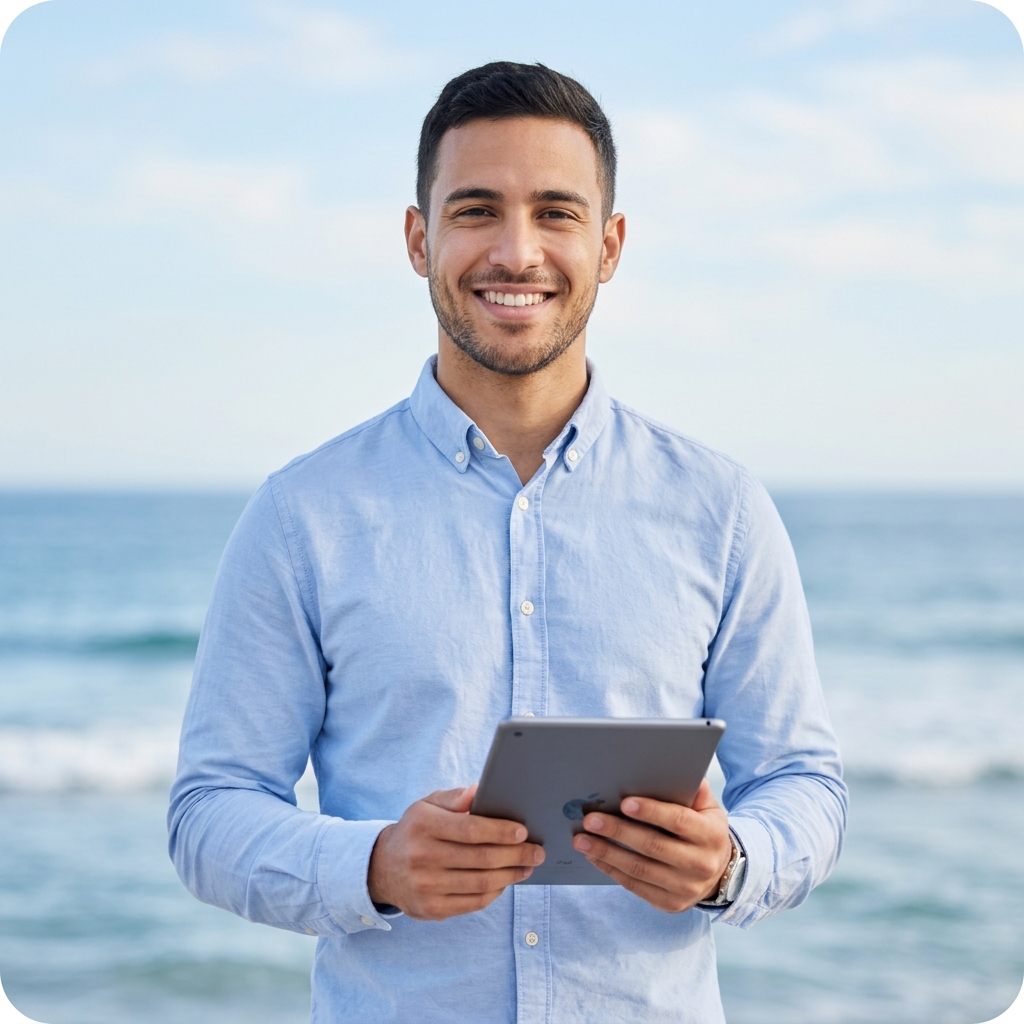 Customer support team member smiling while using tablet