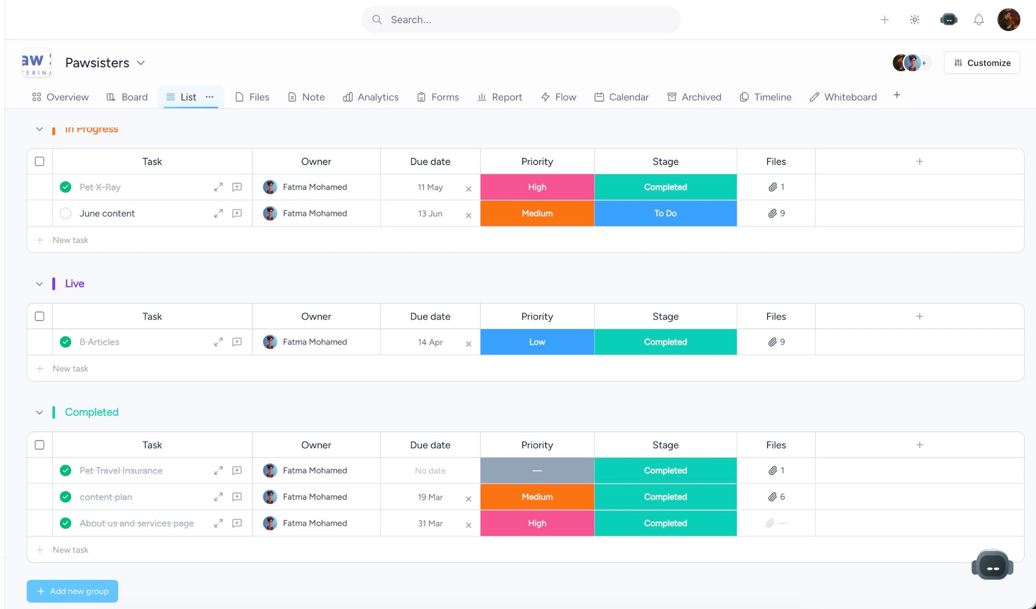 Taskeya task list and details view showing project deliverables tracking and team subtasks