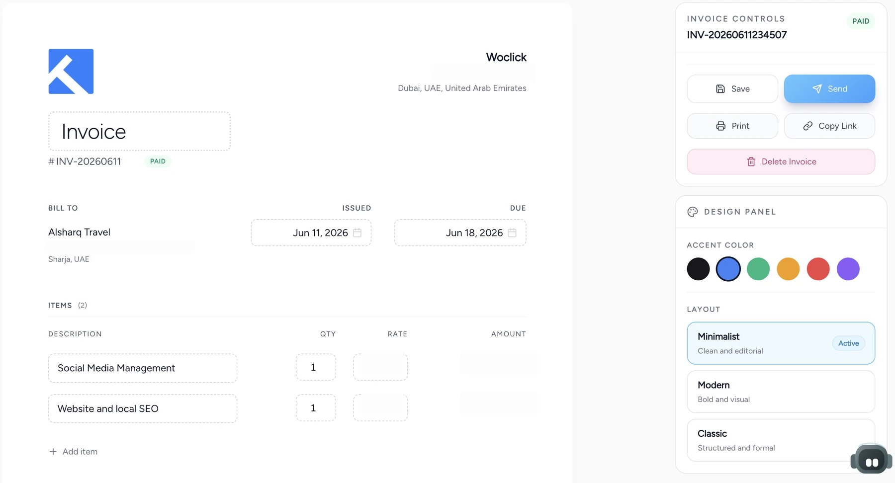 Taskeya invoice builder showing invoice controls, paid status, send, print, copy link, design panel, and itemized billing
