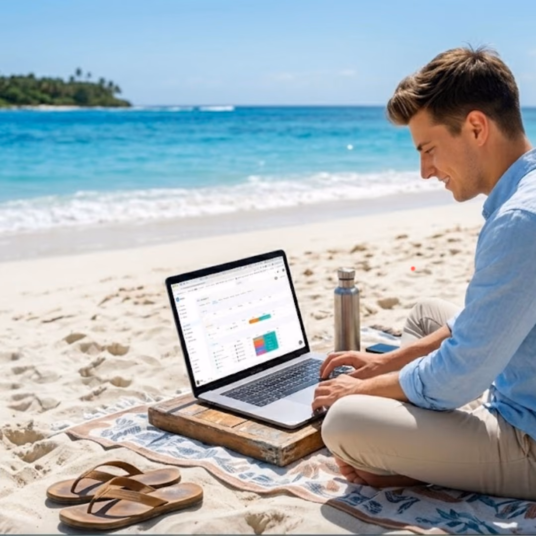 Remote professional using a laptop by the beach to manage business operations with Taskeya