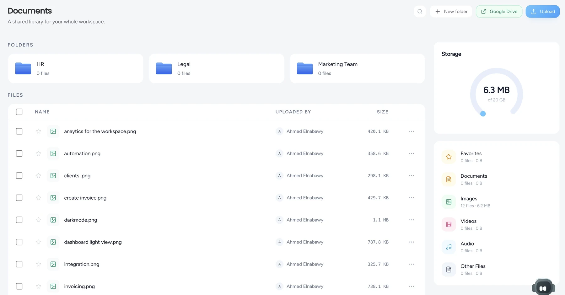 Taskeya workspace documents storage screen showing folders, uploaded files, Google Drive, upload actions, and storage usage